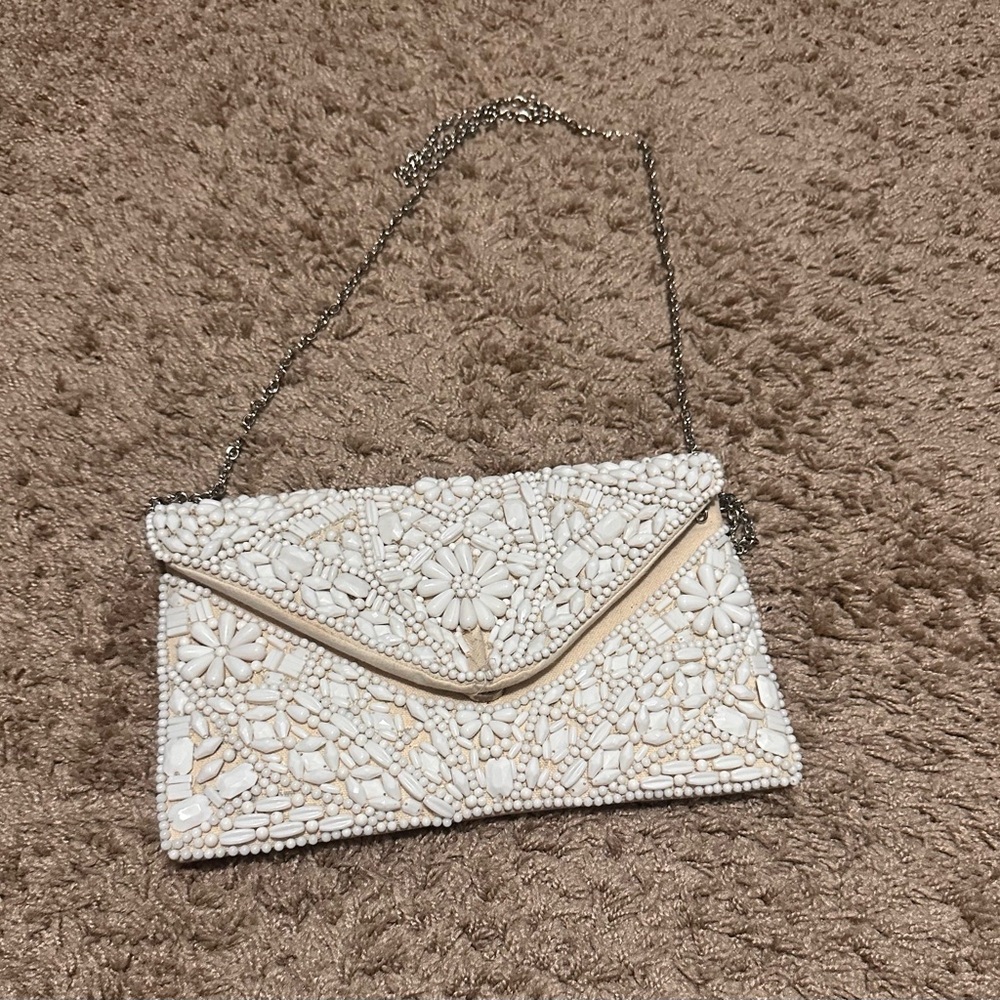 Elegant White Beaded Clutch